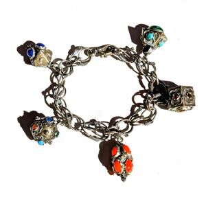Antique Etruscan Revival 800 Silver Ornate Multi-Stone Charm Fob Bracelet